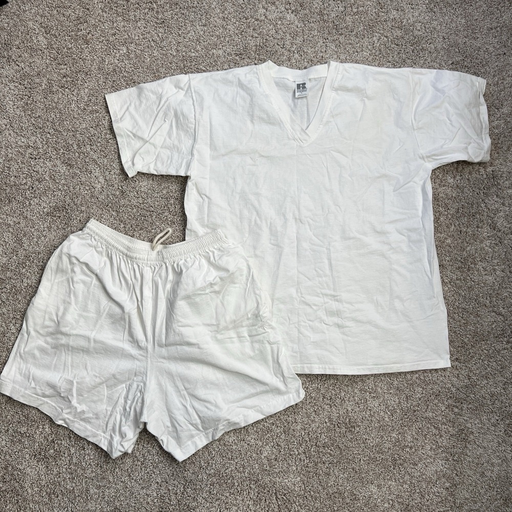 Vintage 90s Russell Sz L Blank White Short Sleeve T Shirt Shorts Set USA Made
